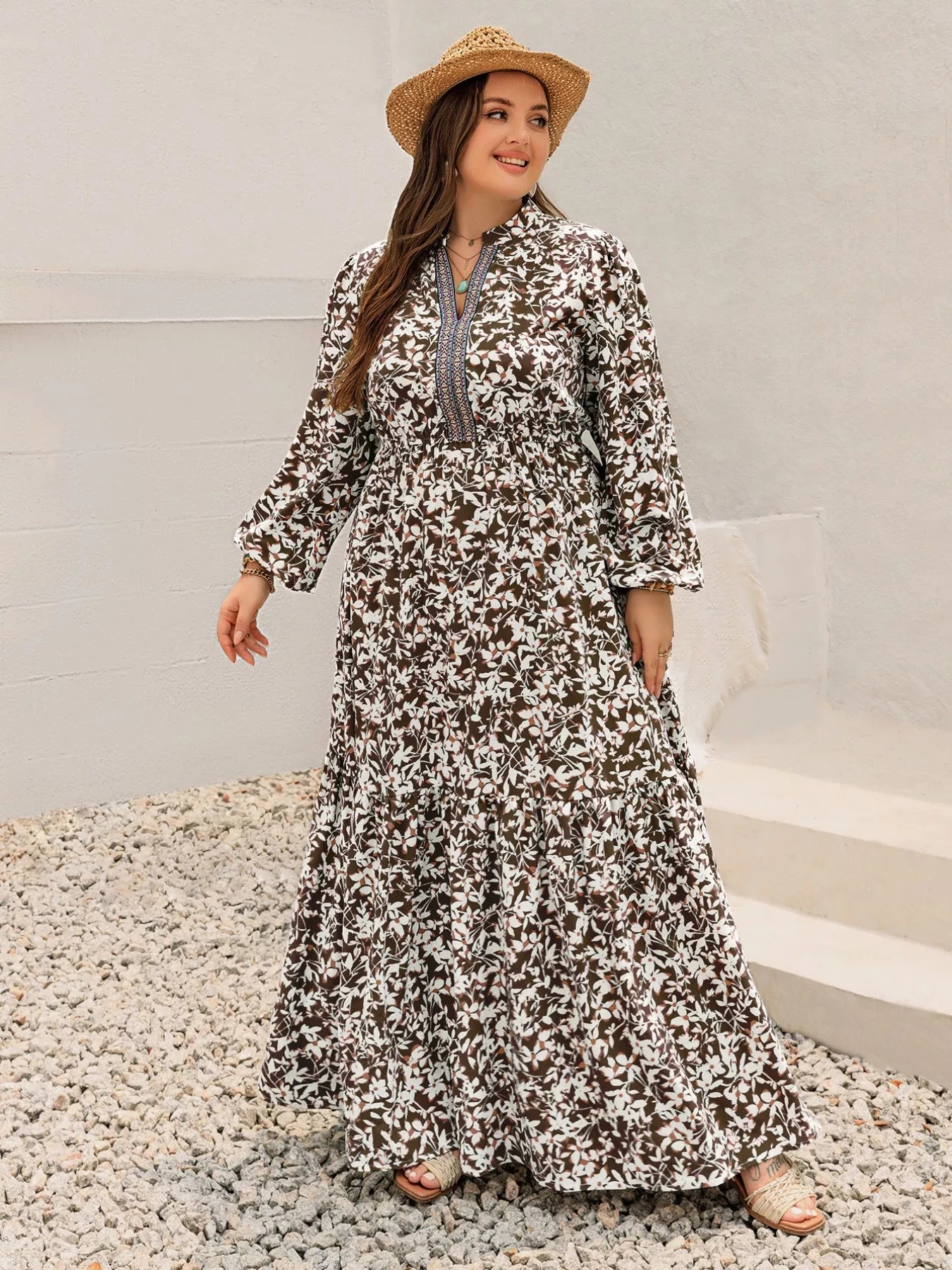 Plus Size Floral Print Long Sleeve Maxi Dress 