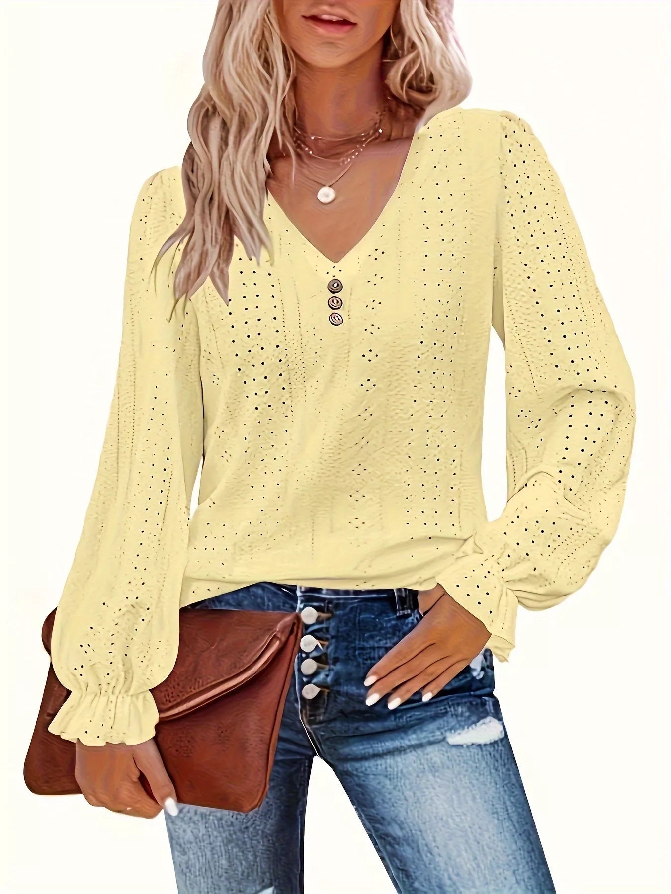 Plus Size Eyelet V-Neck Flounce Sleeve Blouse 
