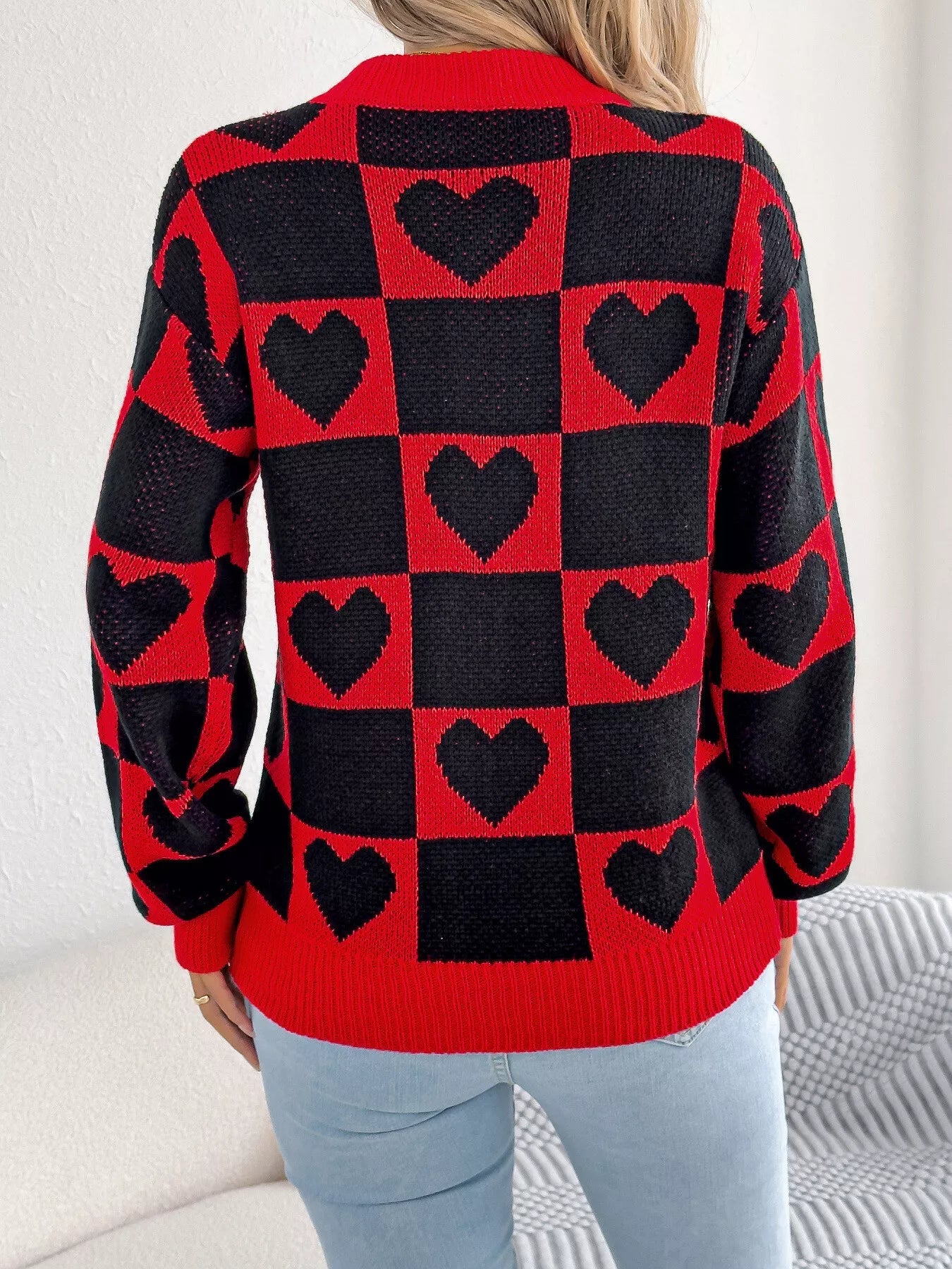 Heart Checkerboard Pattern Round Neck Sweater 