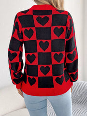 Heart Checkerboard Pattern Round Neck Sweater 