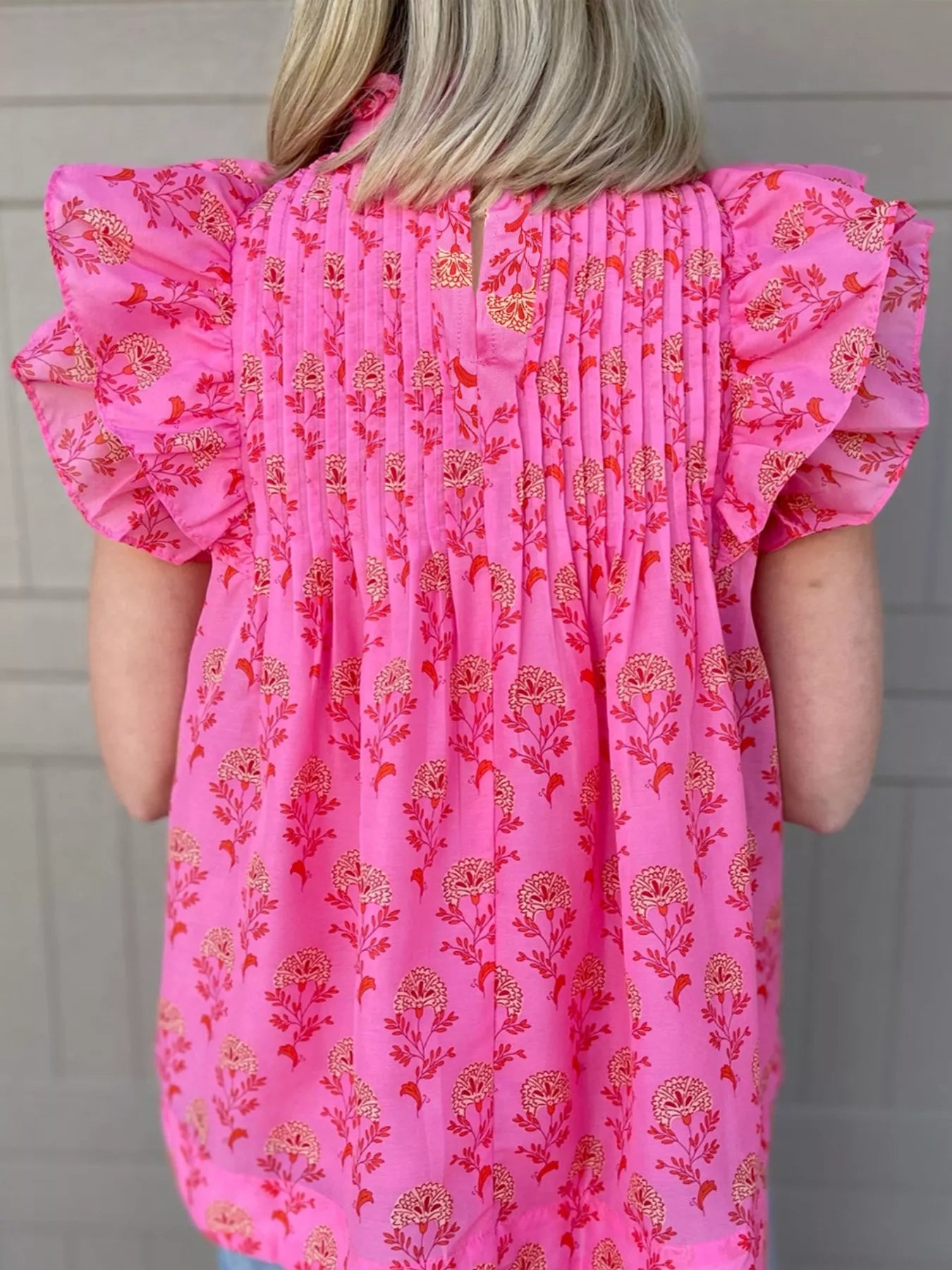 Floral Print Pleated Ruffled Flutter Sleeve Blouse 
