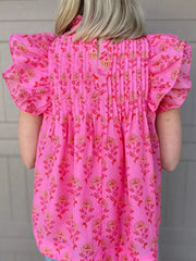 Floral Print Pleated Ruffled Flutter Sleeve Blouse 