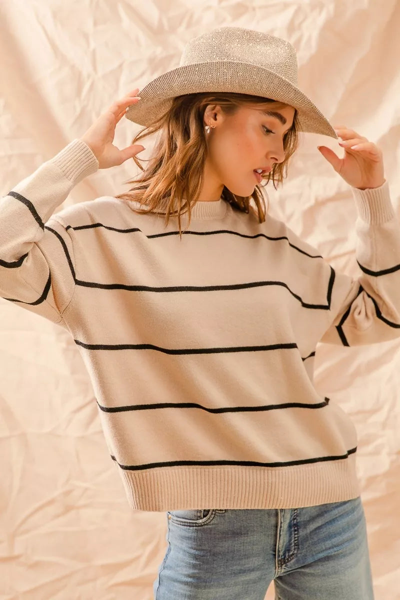 SO ME Stripe Crew Neck Basic Essential Sweater 