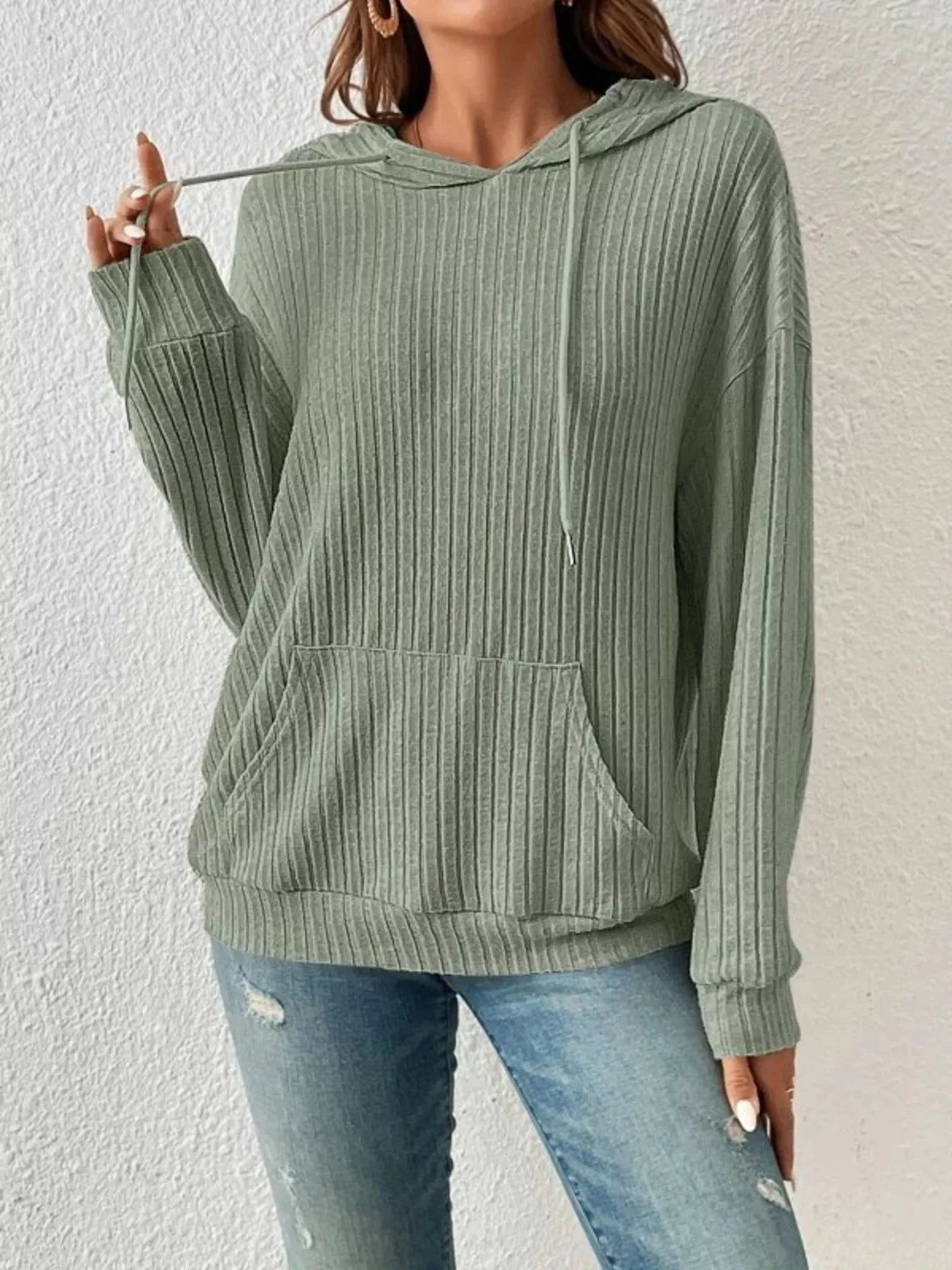 Casual Ribbed Knit Drawstring Hoodie 