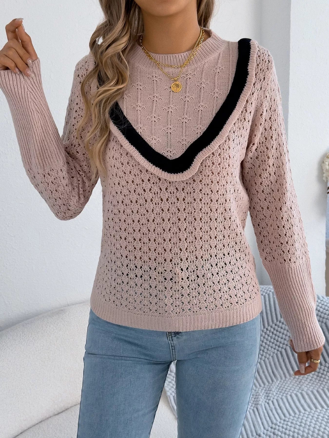 Hollow-Out Knit Top with Contrast Trim 