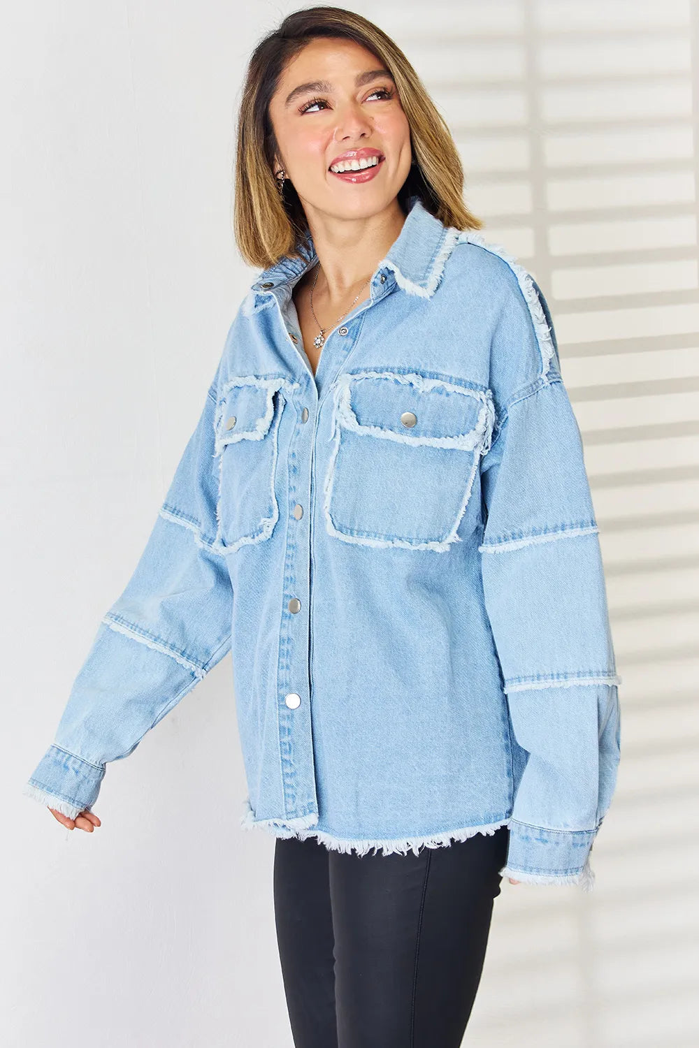 PEACE Raw Hem Dropped Shoulder Denim Top 