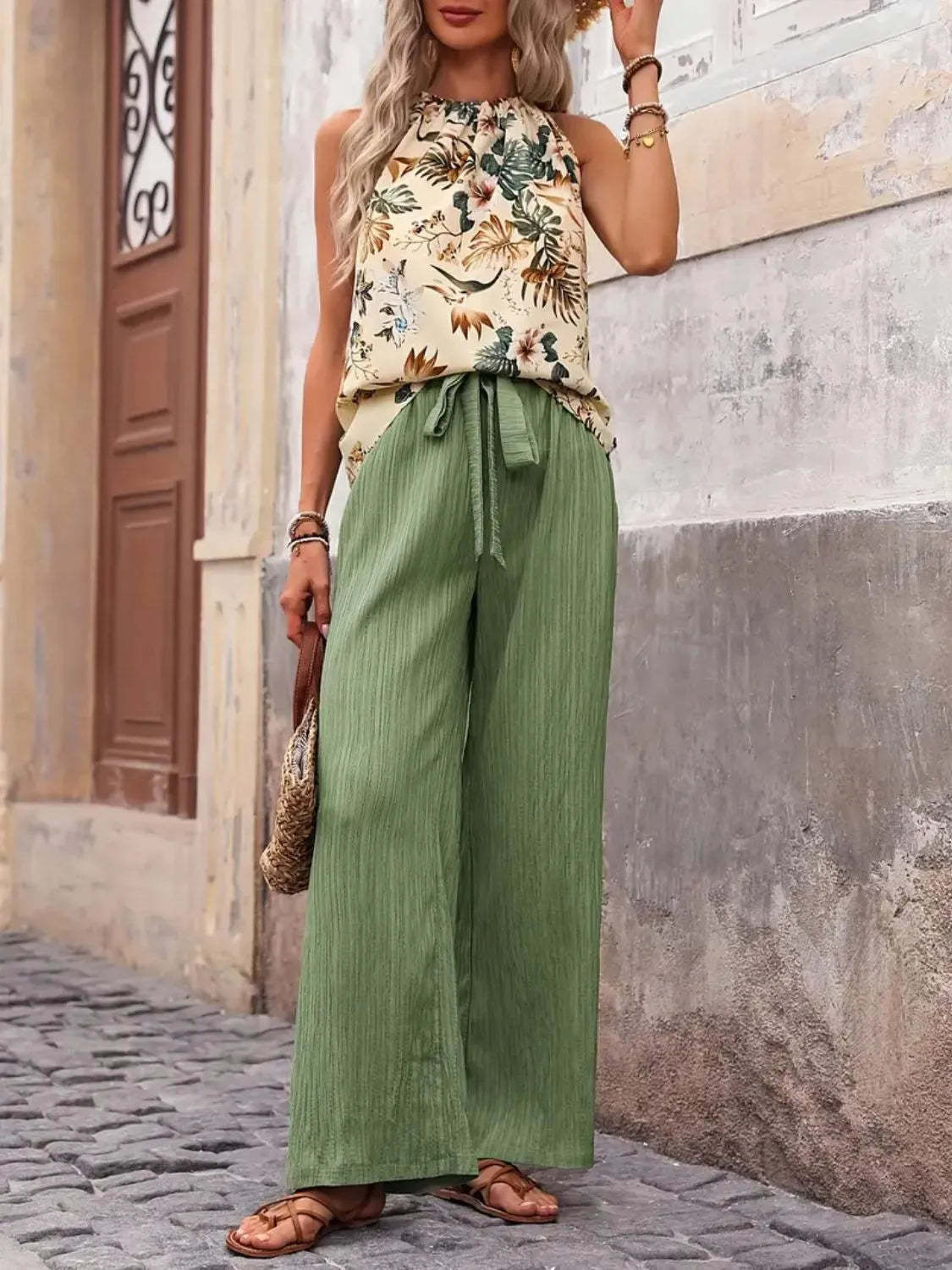 Printed Tank Top and Wide Leg Pants Set 