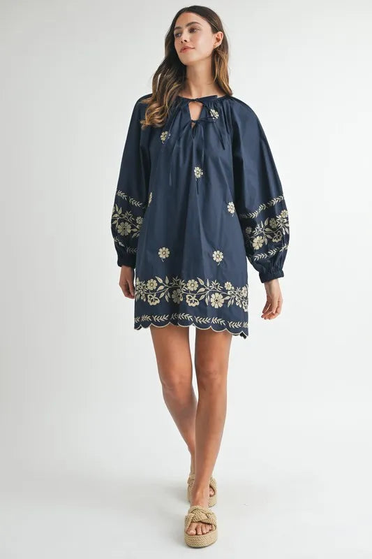 MABLE Embroidered Long Sleeve Peasant Mini Dress 