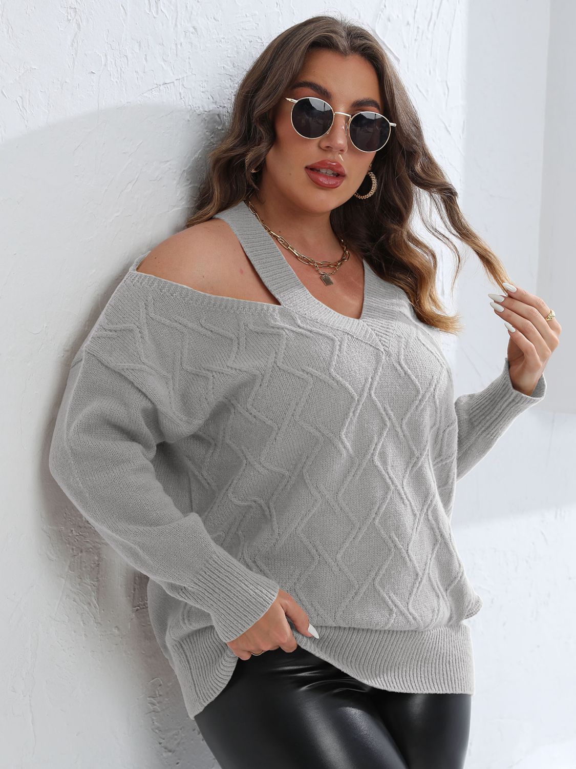 Plus Size Cutout V-Neck Sweater 