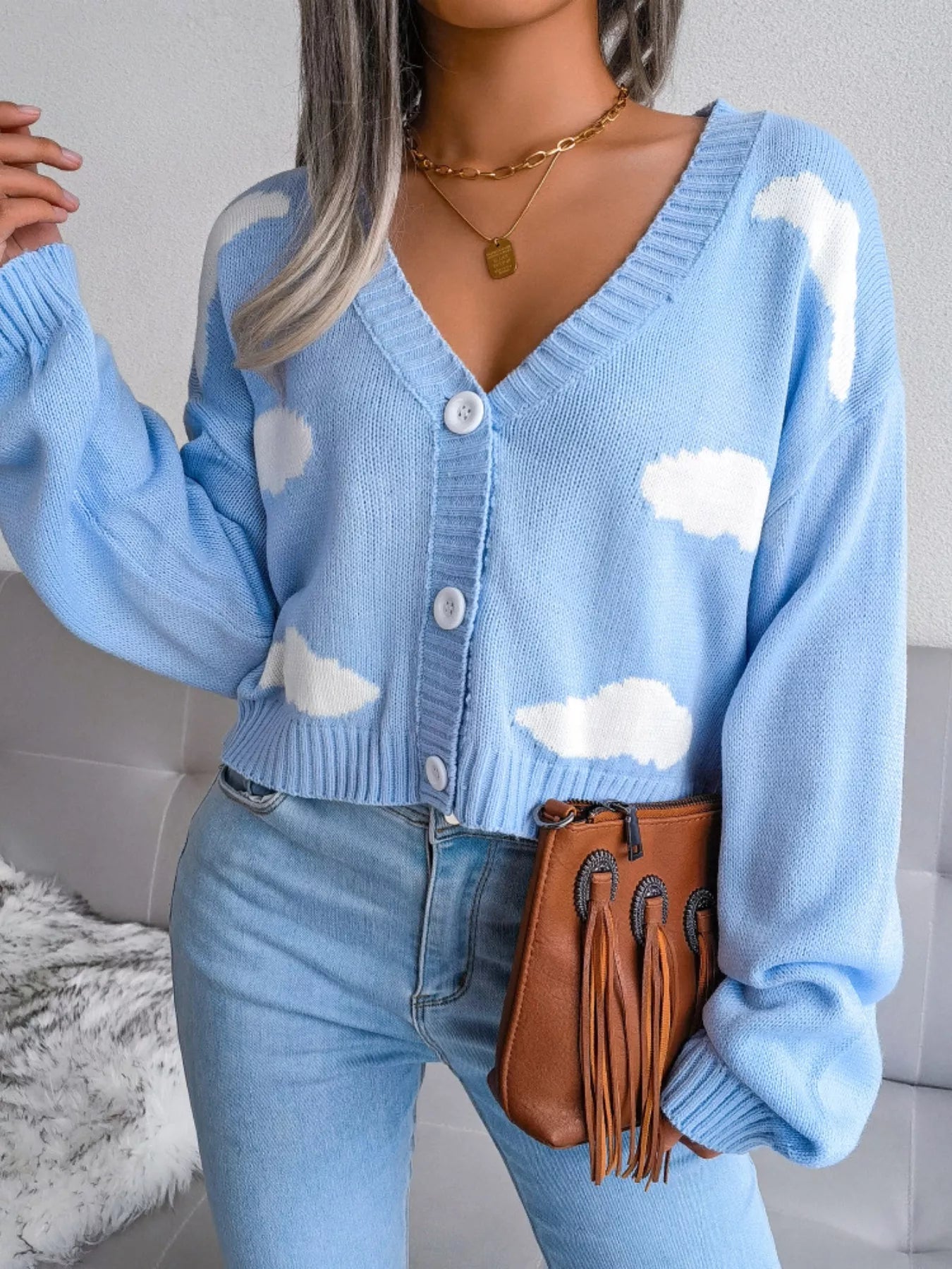 Cloud Pattern Button-Up Cropped Cardigan 
