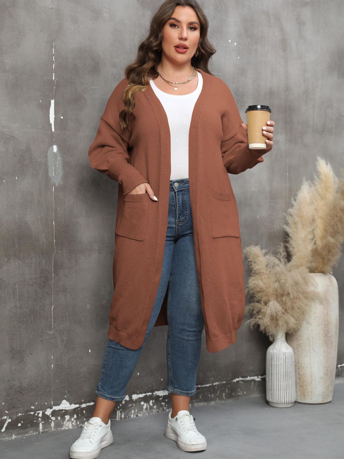 Plus Size Long Sleeve Pocketed Cardigan 