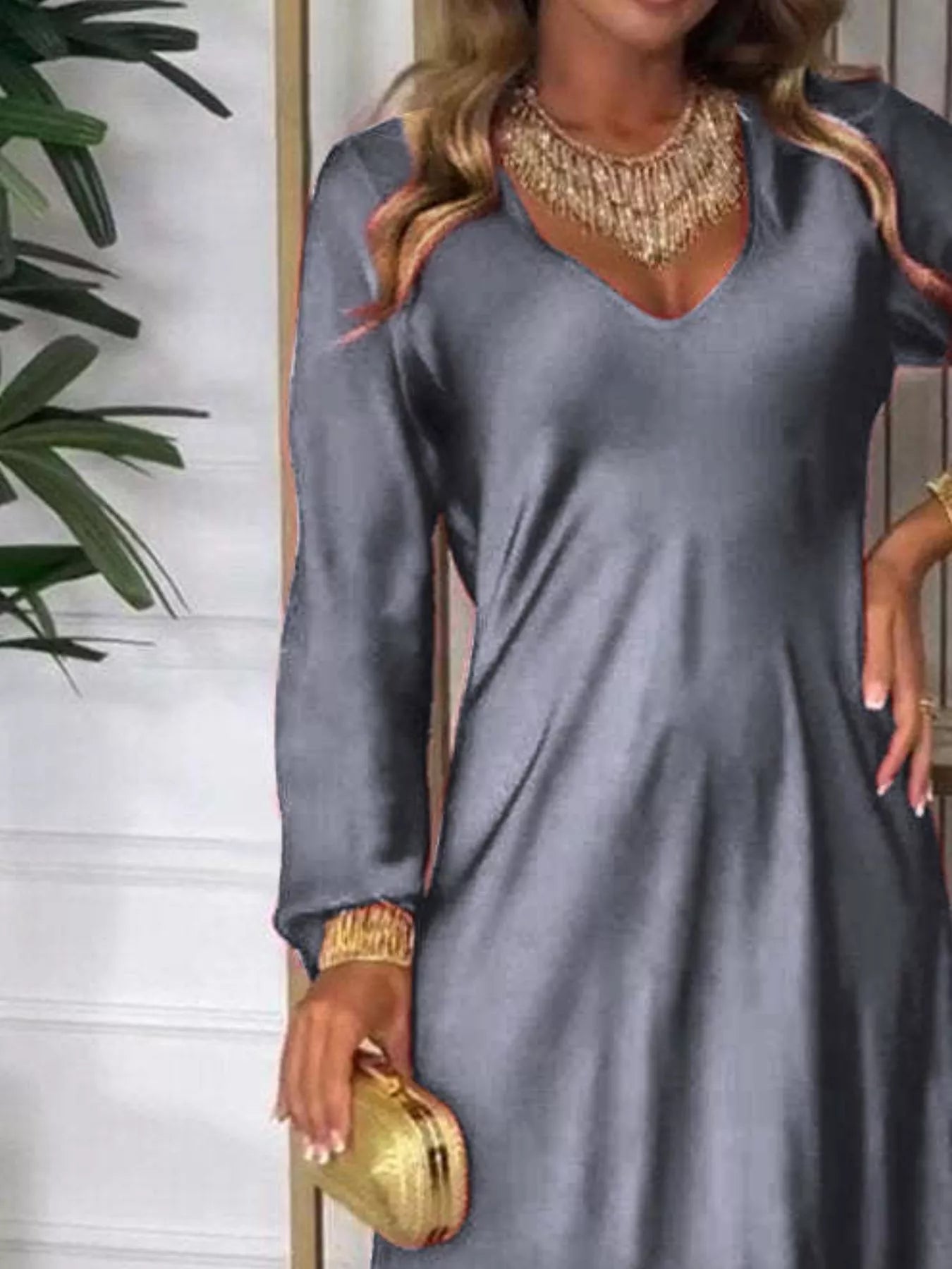 Full Size V-Neck Long Sleeve Midi Dress Plus Size 