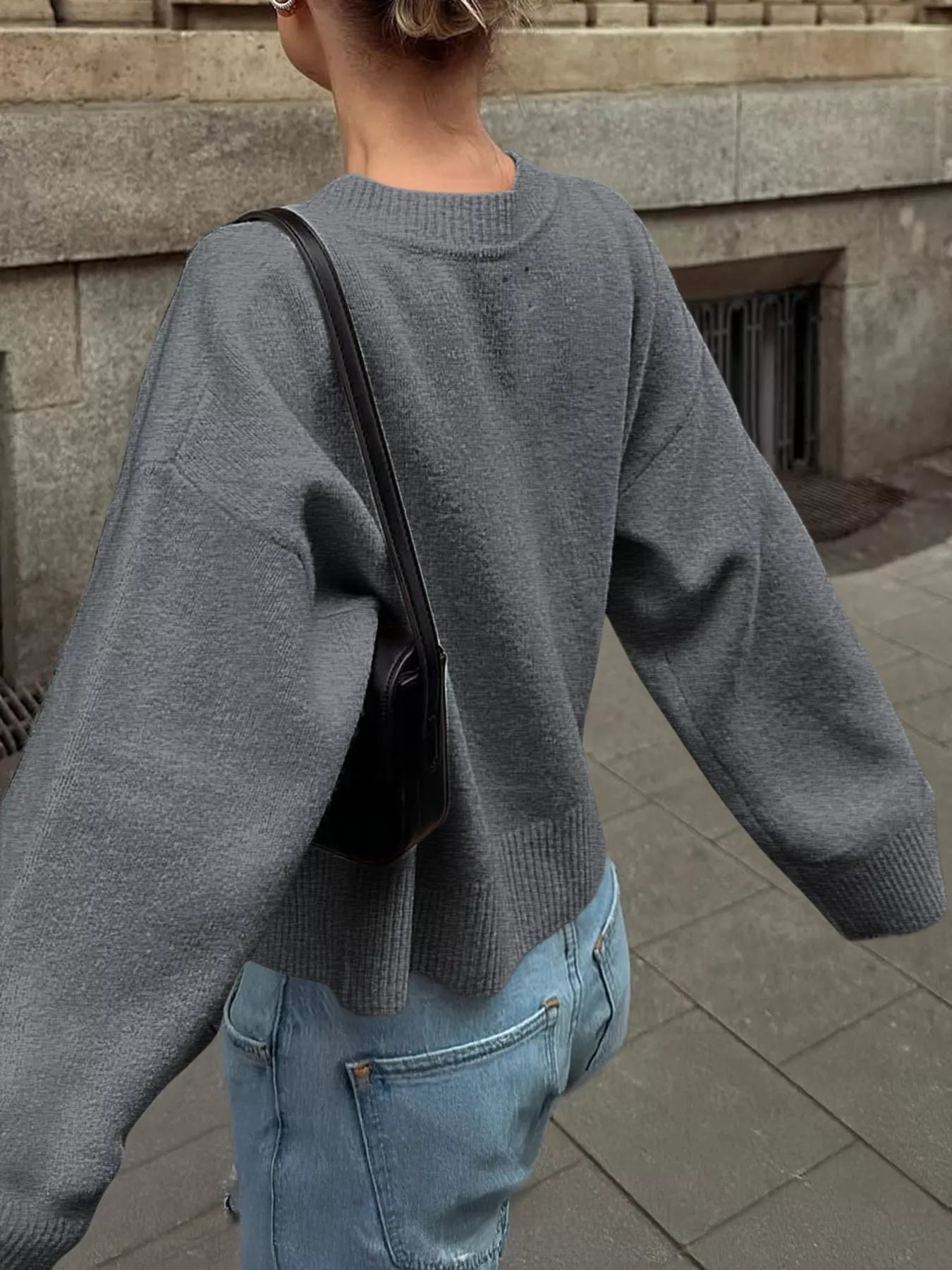 Ribbed Round Neck Dropped Shoulder Sweater 