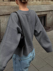 Ribbed Round Neck Dropped Shoulder Sweater 
