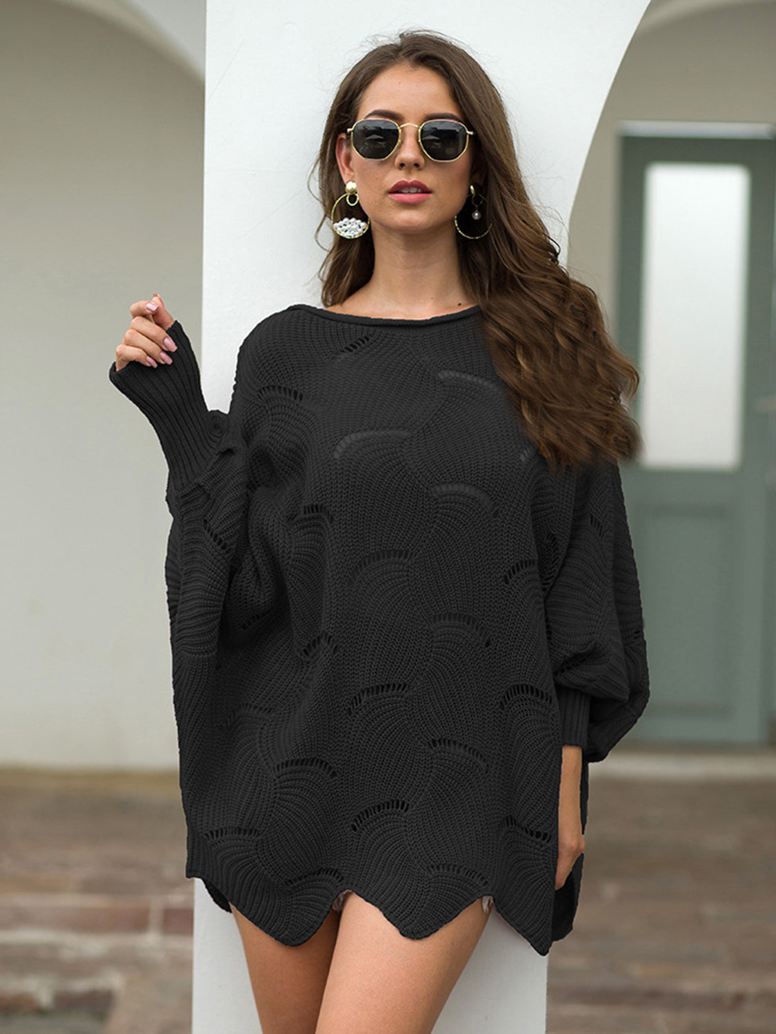 Full Size Boat Neck Lantern Sleeve Openwork Knit Top 