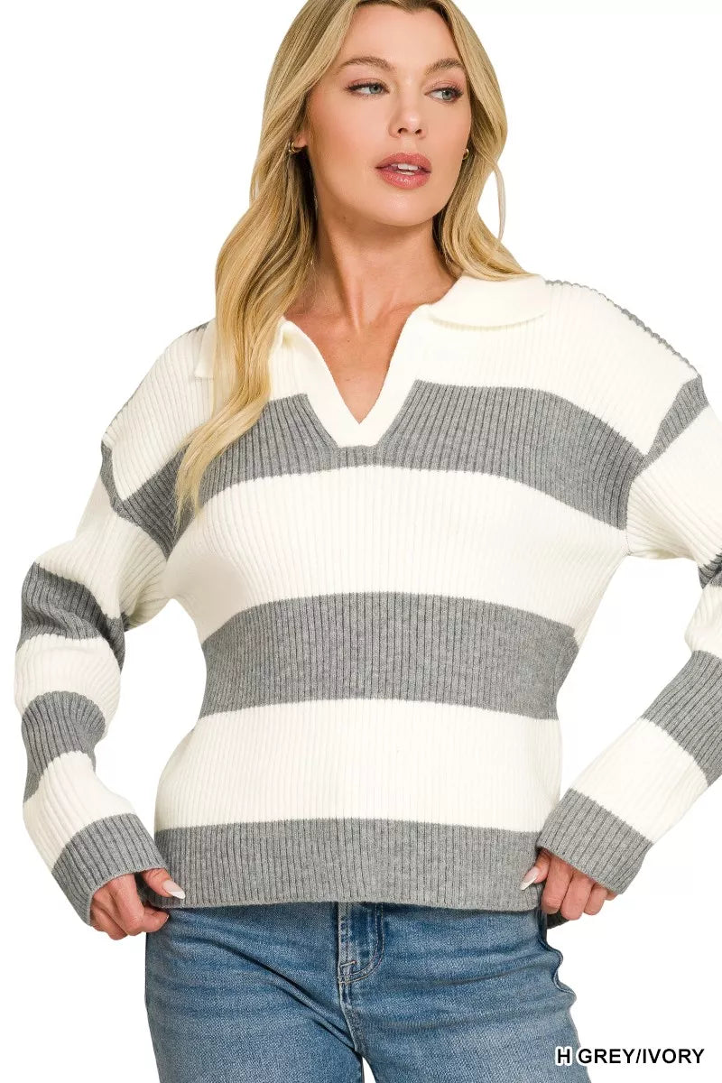 Zenana Striped Collared Sweater 