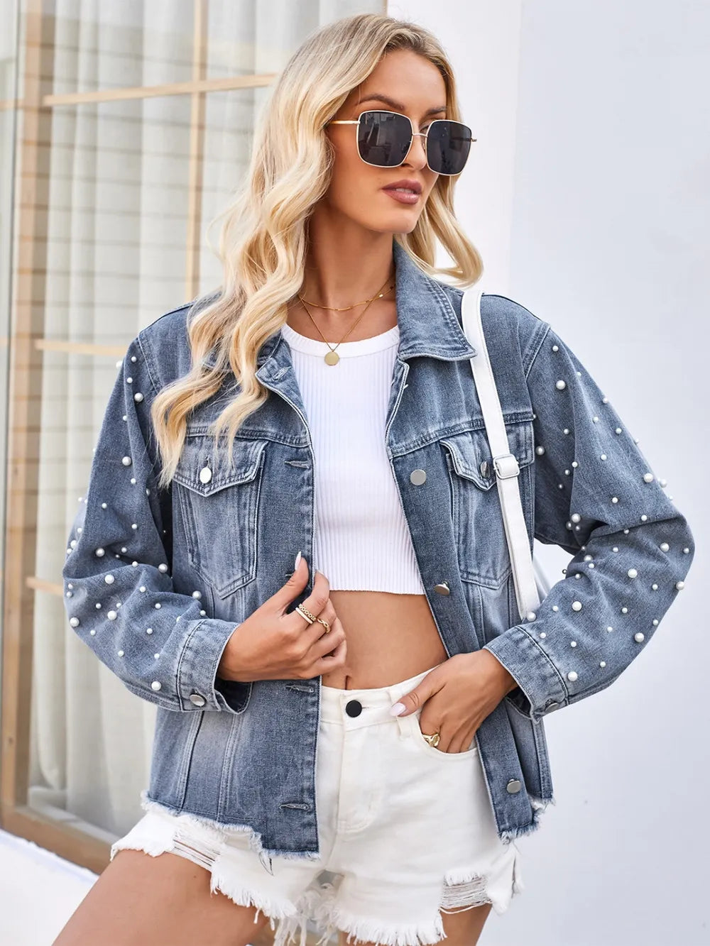 Pearl Trim Raw Hem Denim Jacket 