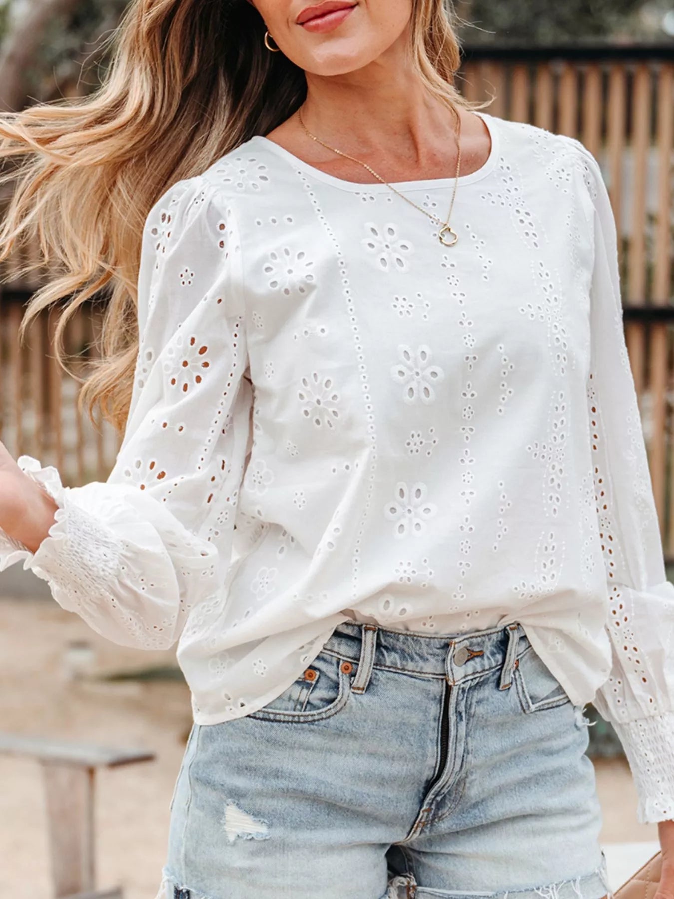 Eyelet Embroidered Smocked Cuff Sheer Blouse 