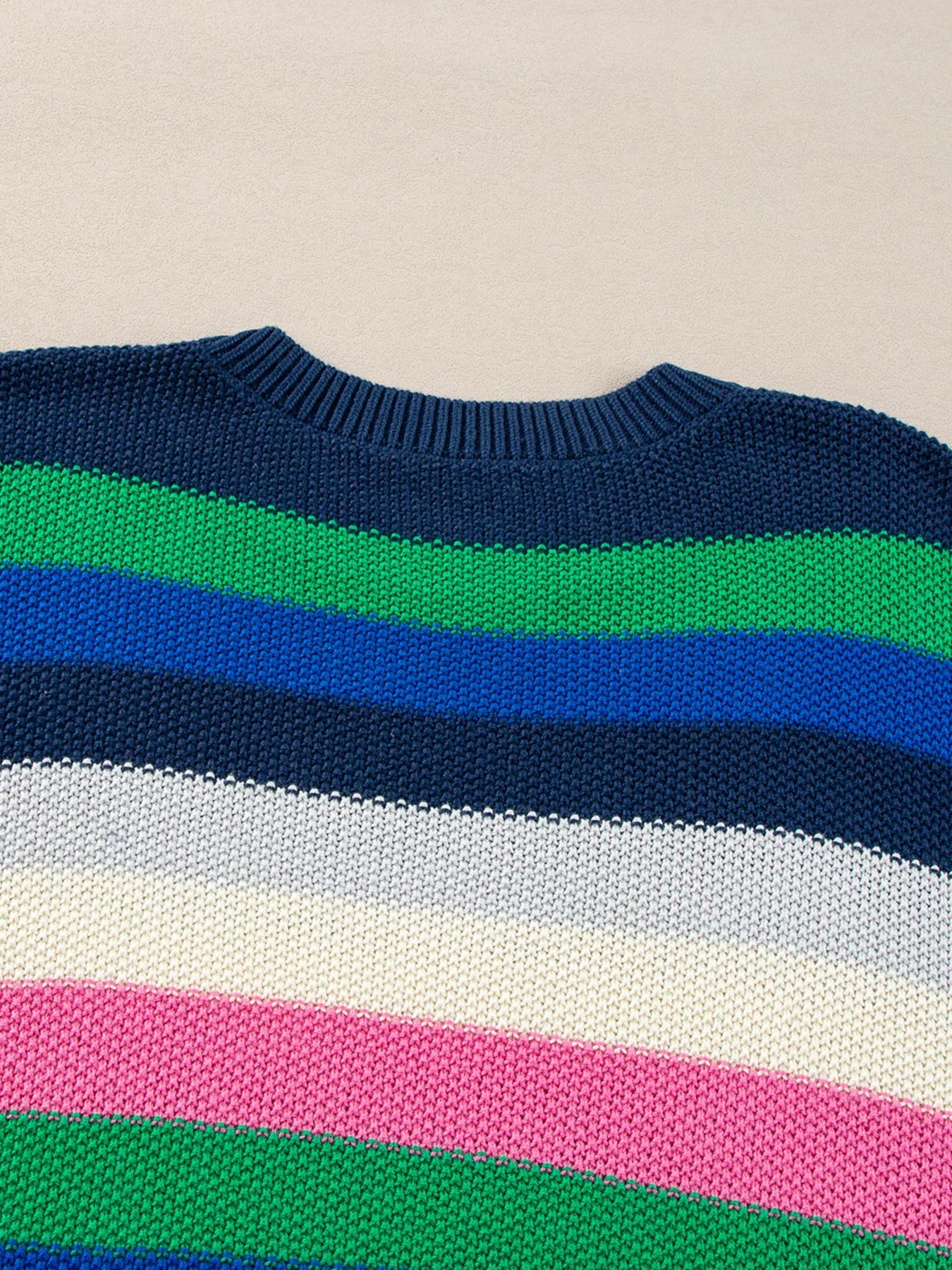 Rainbow Striped Crew Neck Drop Shoulder Sweater 