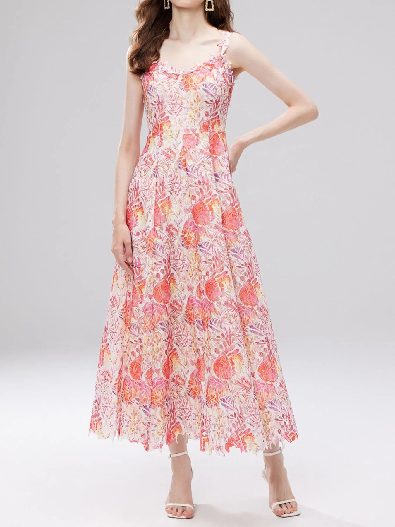 Floral Lace Sleeveless V-Neck Midi Dress 