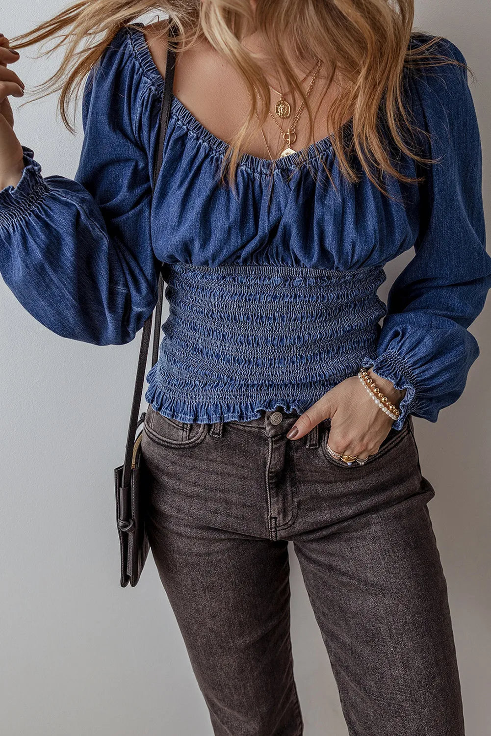 Smocked Long Sleeve Denim Top 