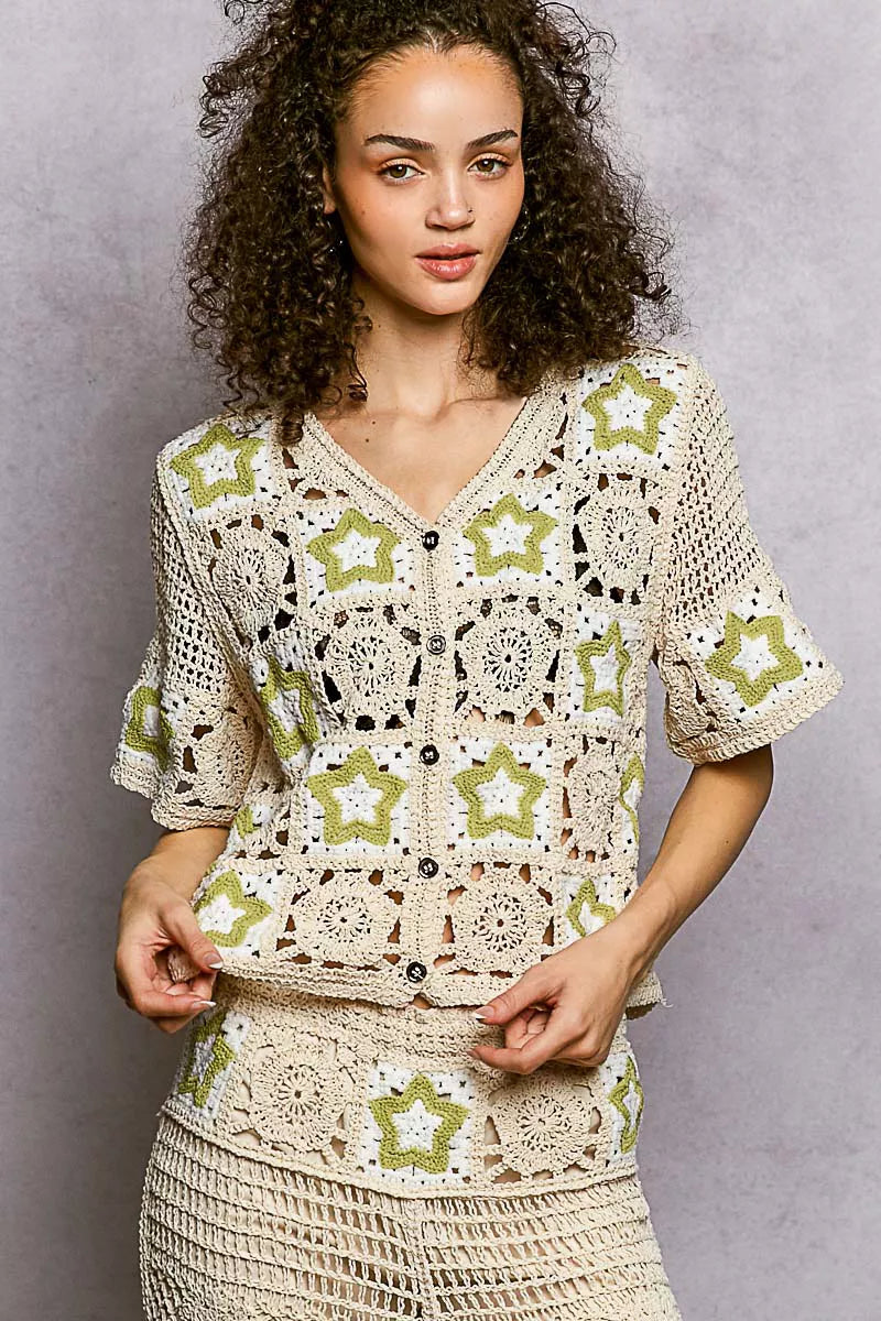 POL Button Front V-Neck Crochet Cardigan with Contast Star 