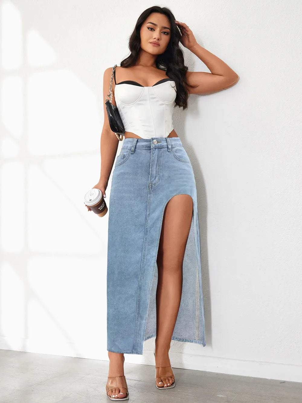 High Rise Slit Denim Skirt 