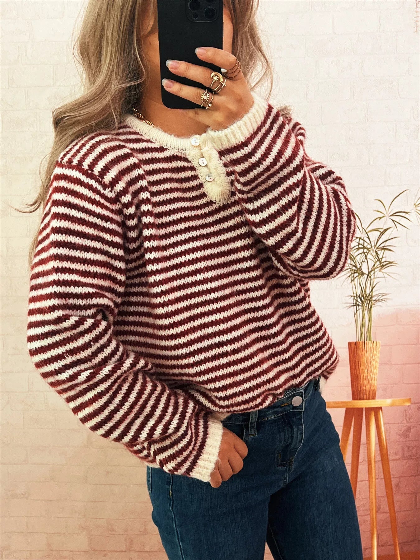 Striped Button Detail Long Sleeve Sweater 