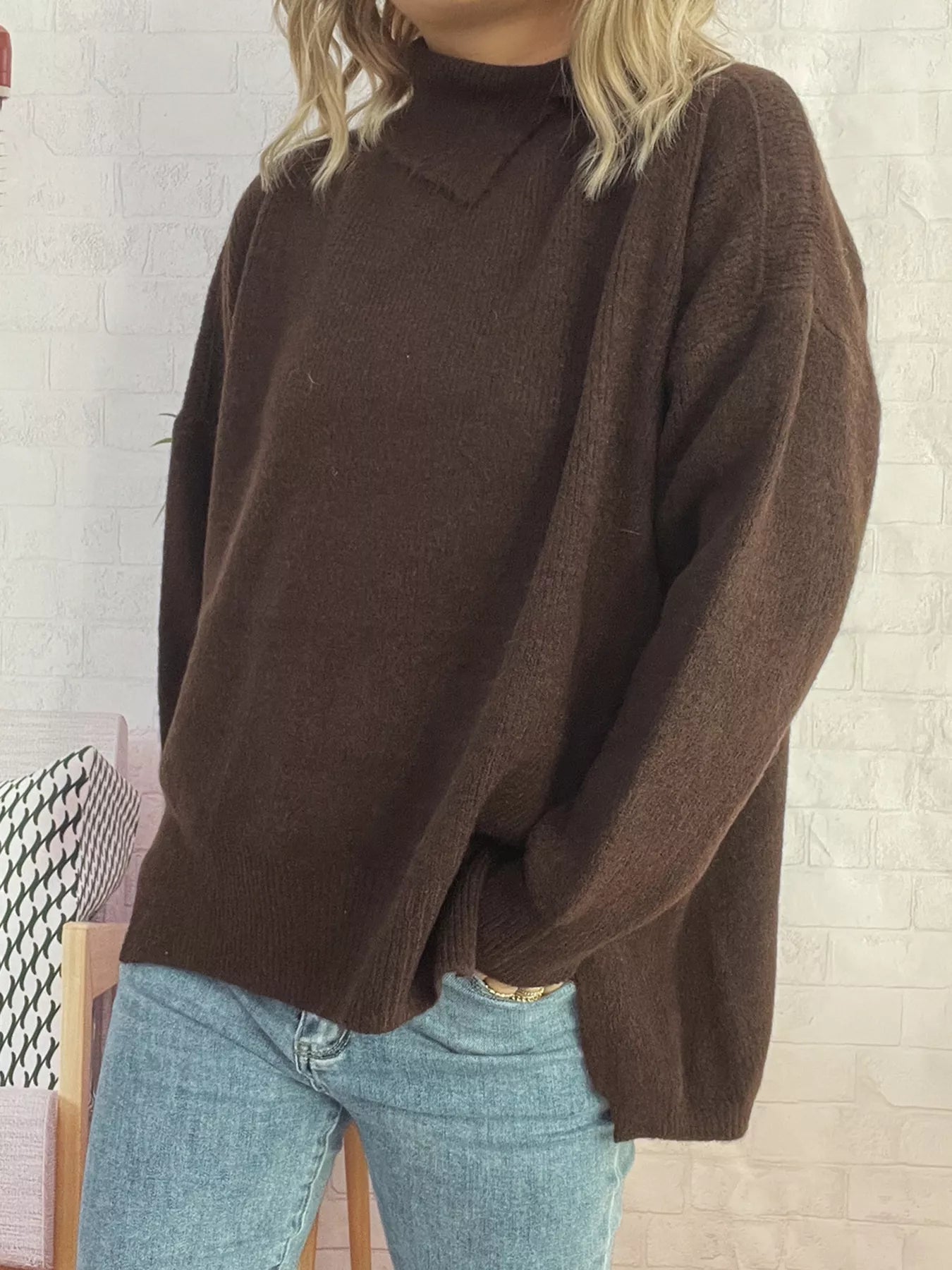 Slit Turtleneck Long Sleeve Sweater 