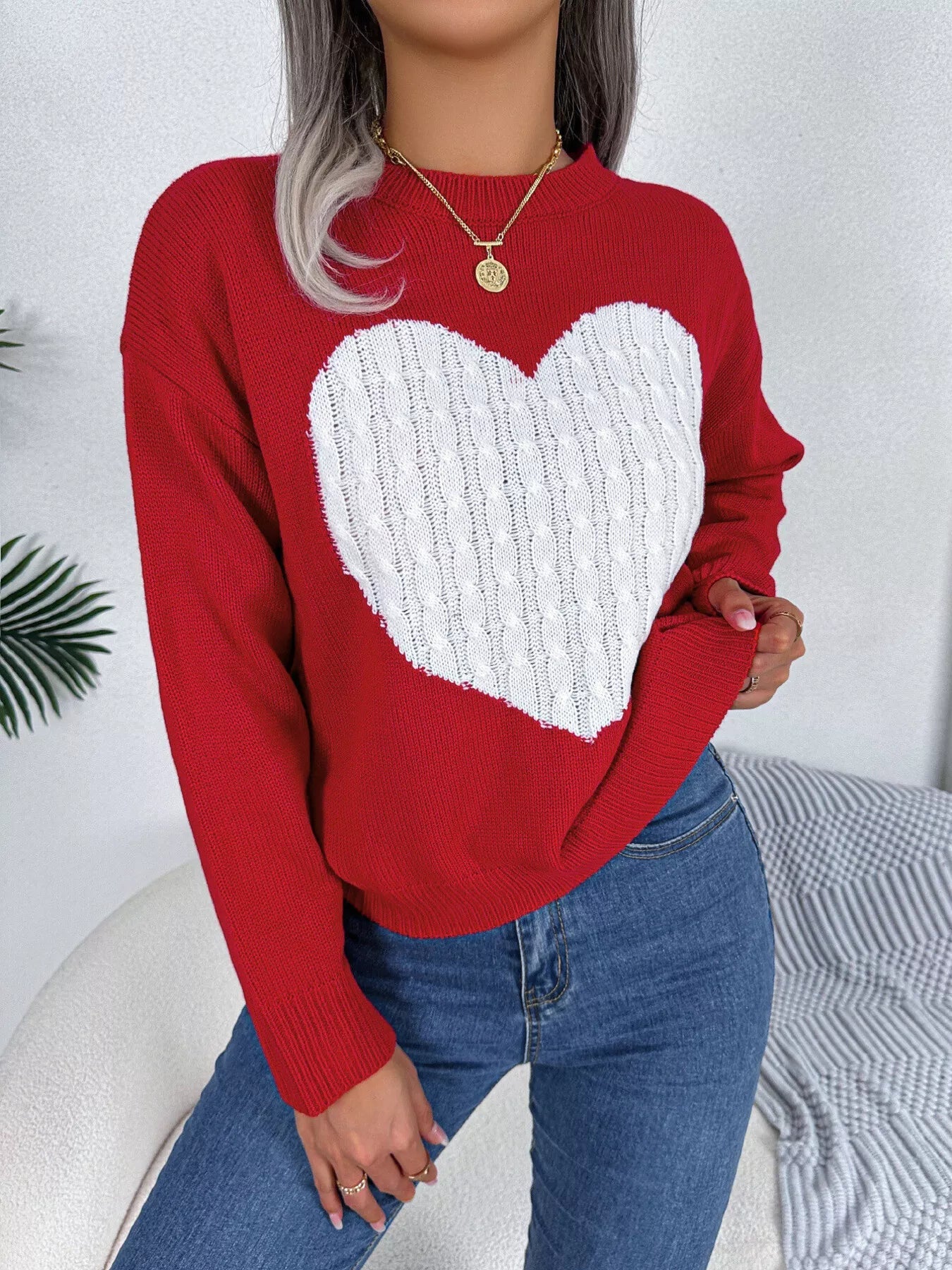 Cable Knit Heart Round Neck Sweater 