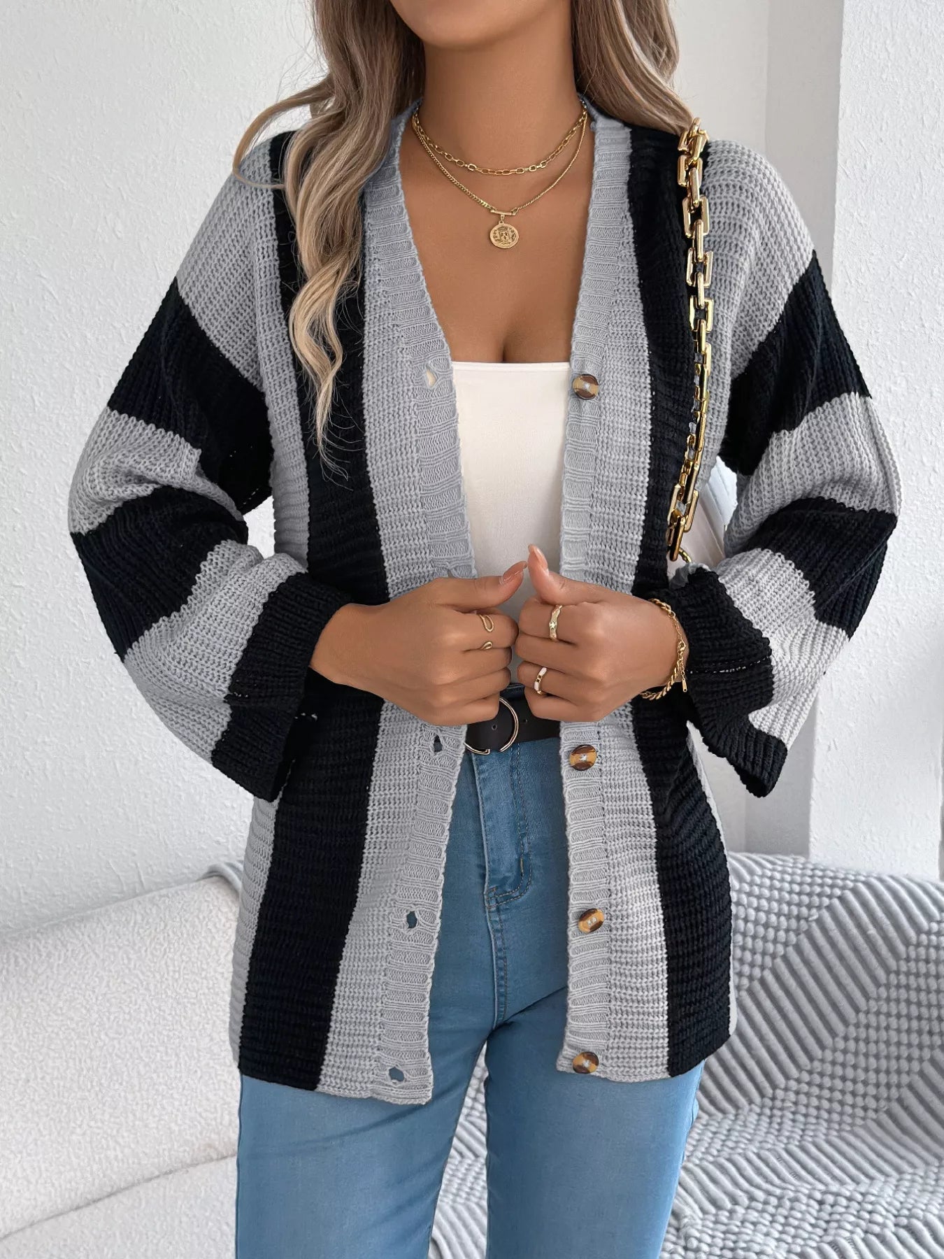 Color Block Button-Up Cardigan 