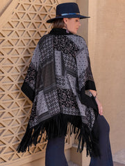 Plus Size Printed Fringe Open Front Outerwear 