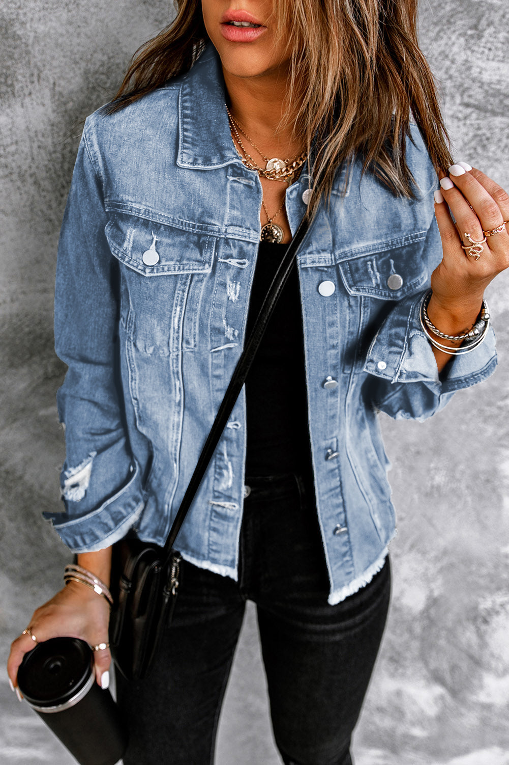Distressed Raw Hem Denim Jacket 