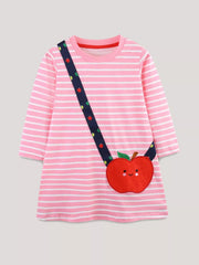 Children's Apple Applique Striped Long Sleeve Dress 