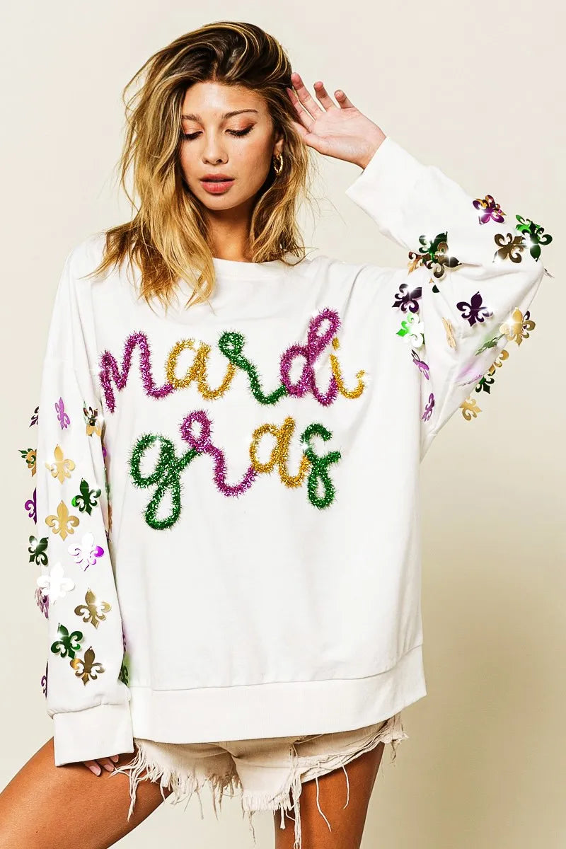 BiBi Fleur De Lis Sleeve Mardi Gras Pullover 