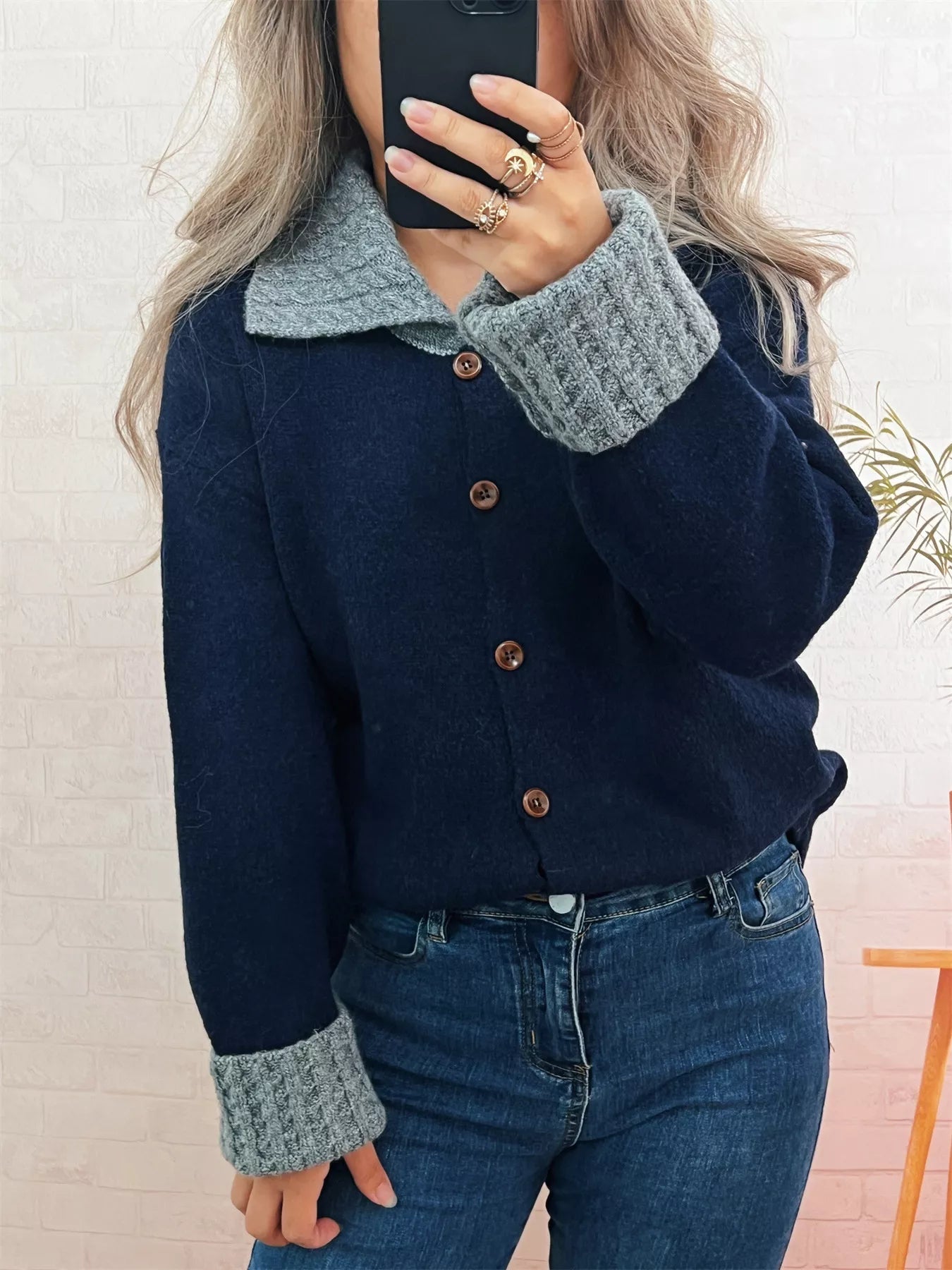 Striped Knit Button Down Cardigan with Collar 
