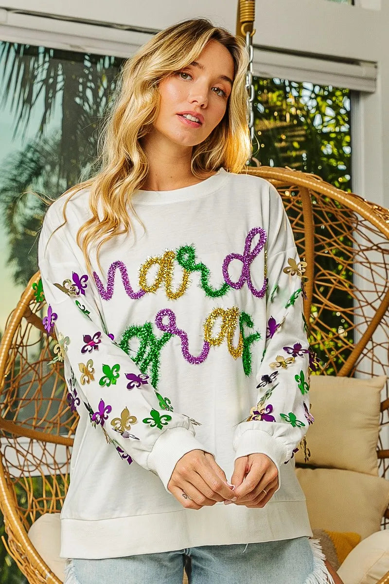 BiBi Fleur De Lis Sleeve Mardi Gras Pullover 