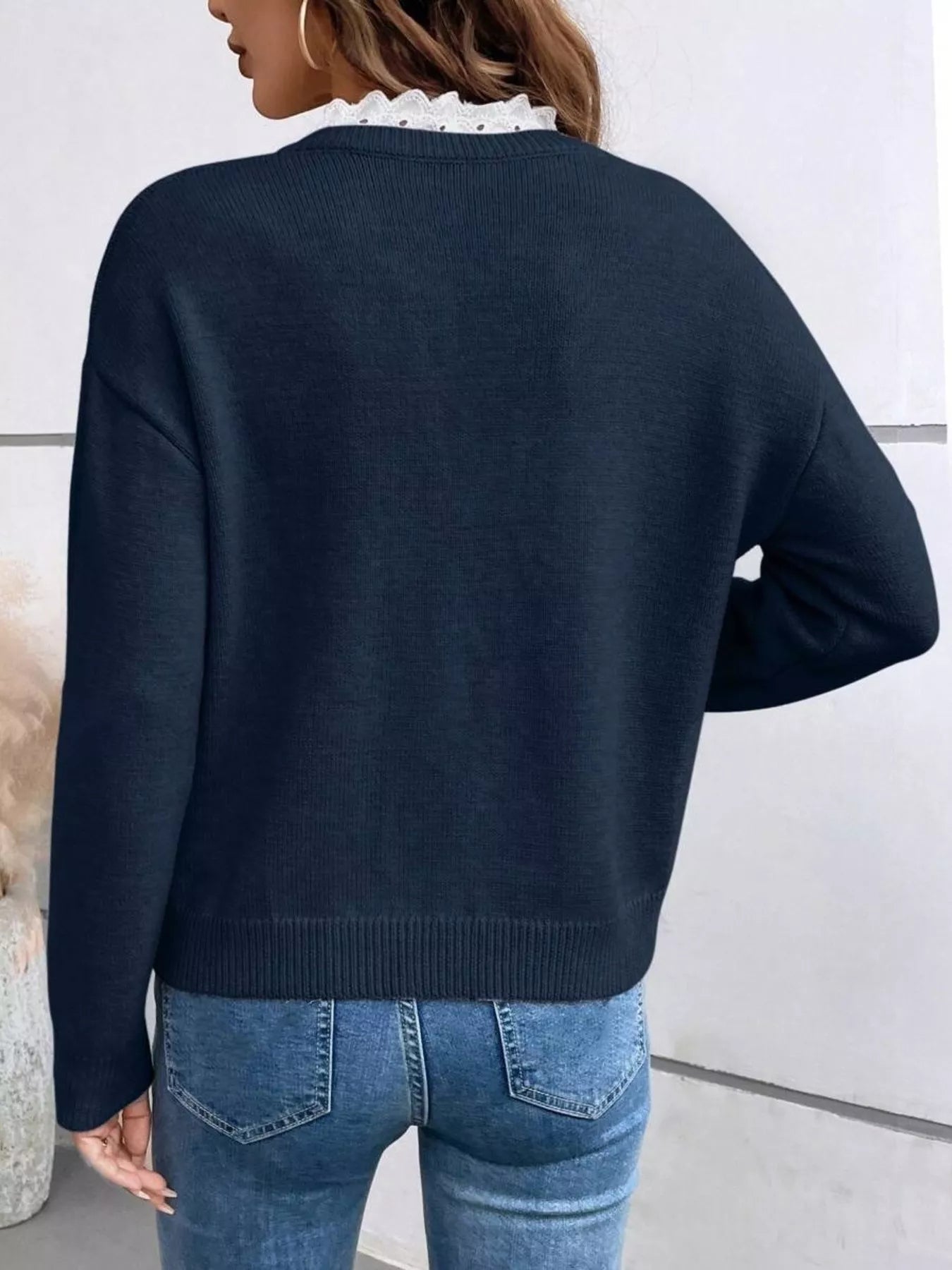 Lace Trim Notched Long Sleeve Sweater 