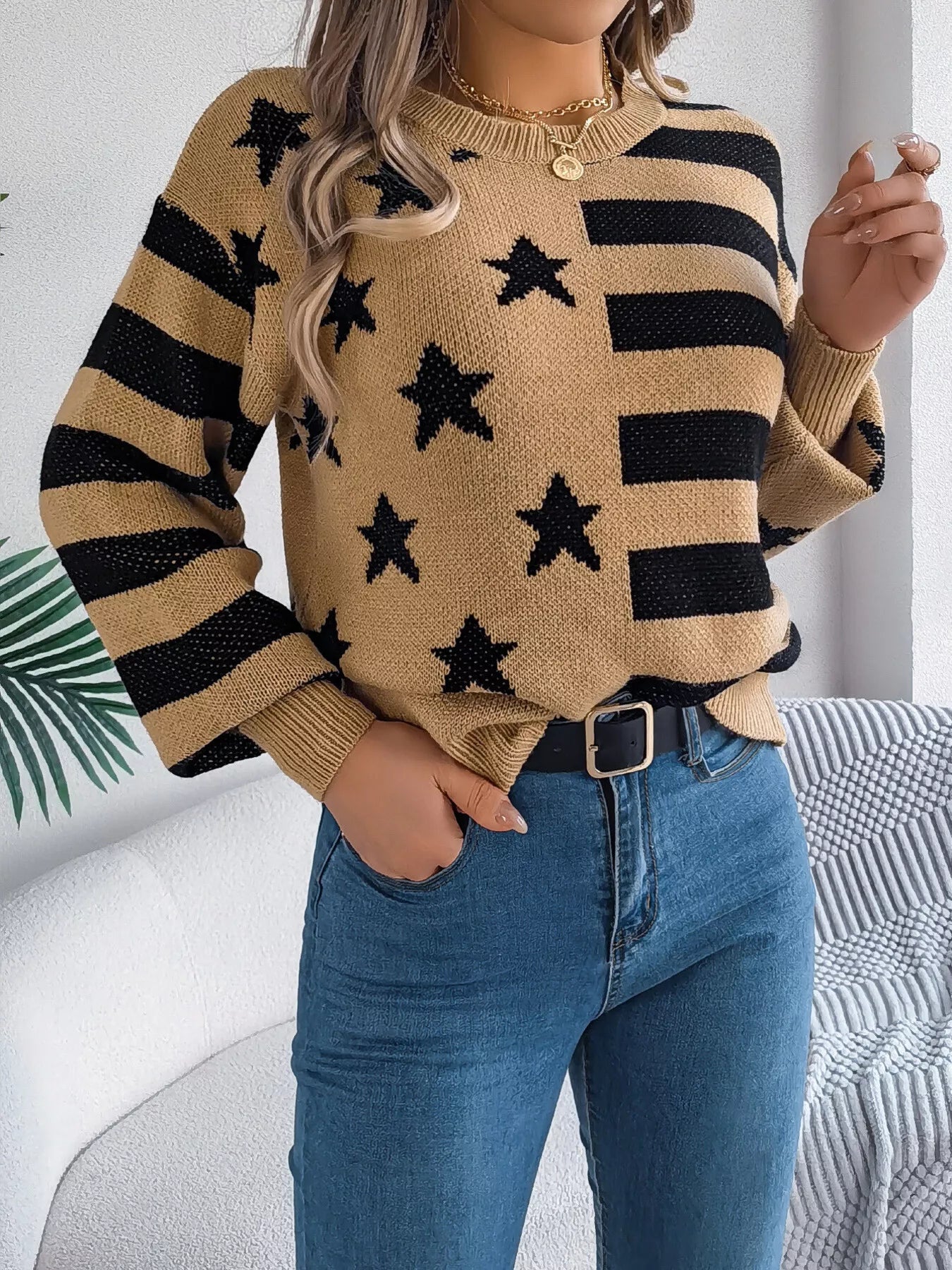 Stars and Stripes Pattern Casual Round Neck Sweater 