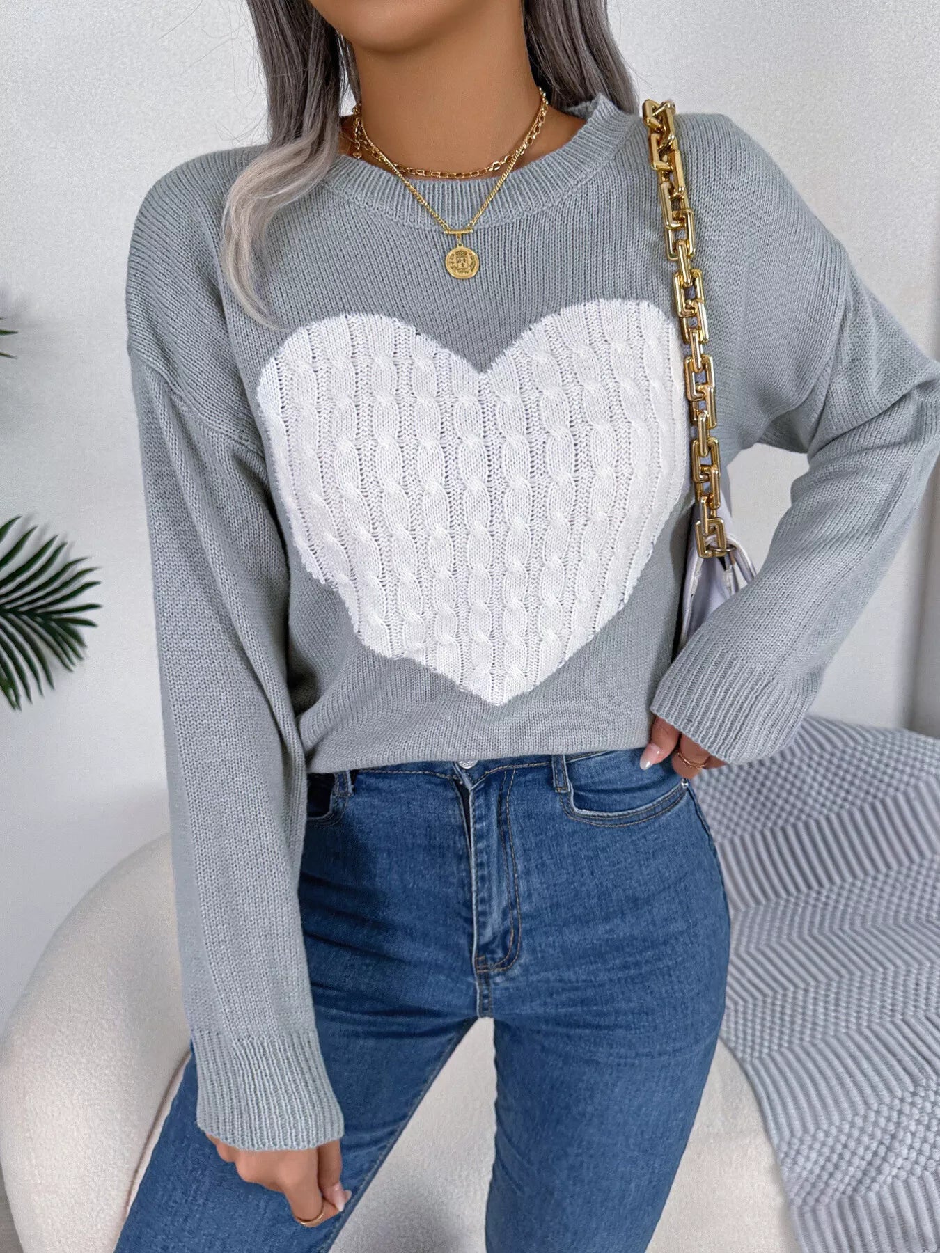 Cable Knit Heart Round Neck Sweater 
