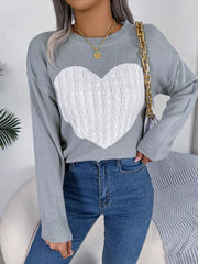 Cable Knit Heart Round Neck Sweater 