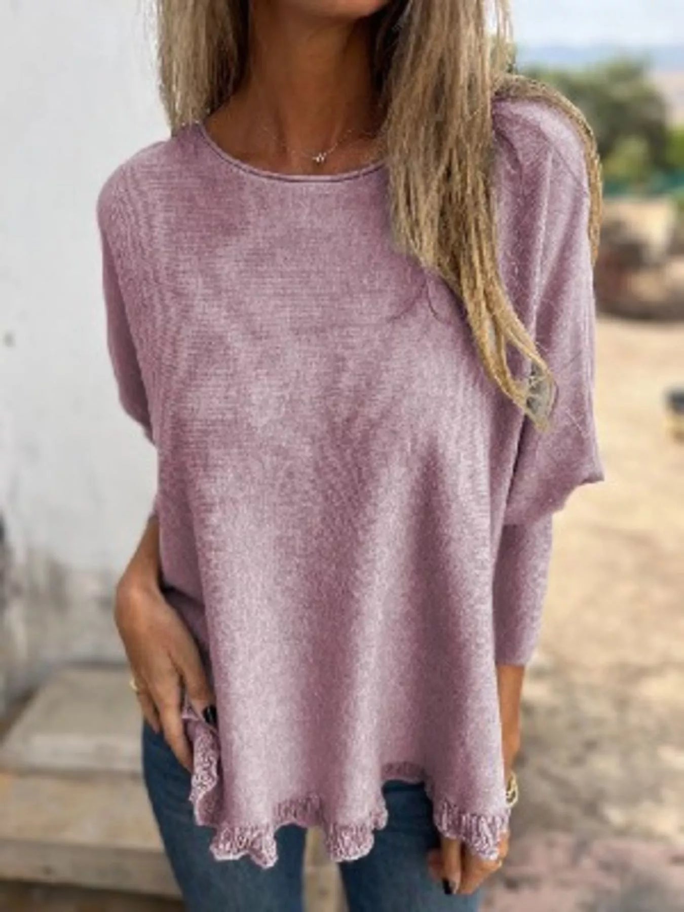Full Size Round Neck Long Sleeve Knit Top with Lace Trim Plus Size 