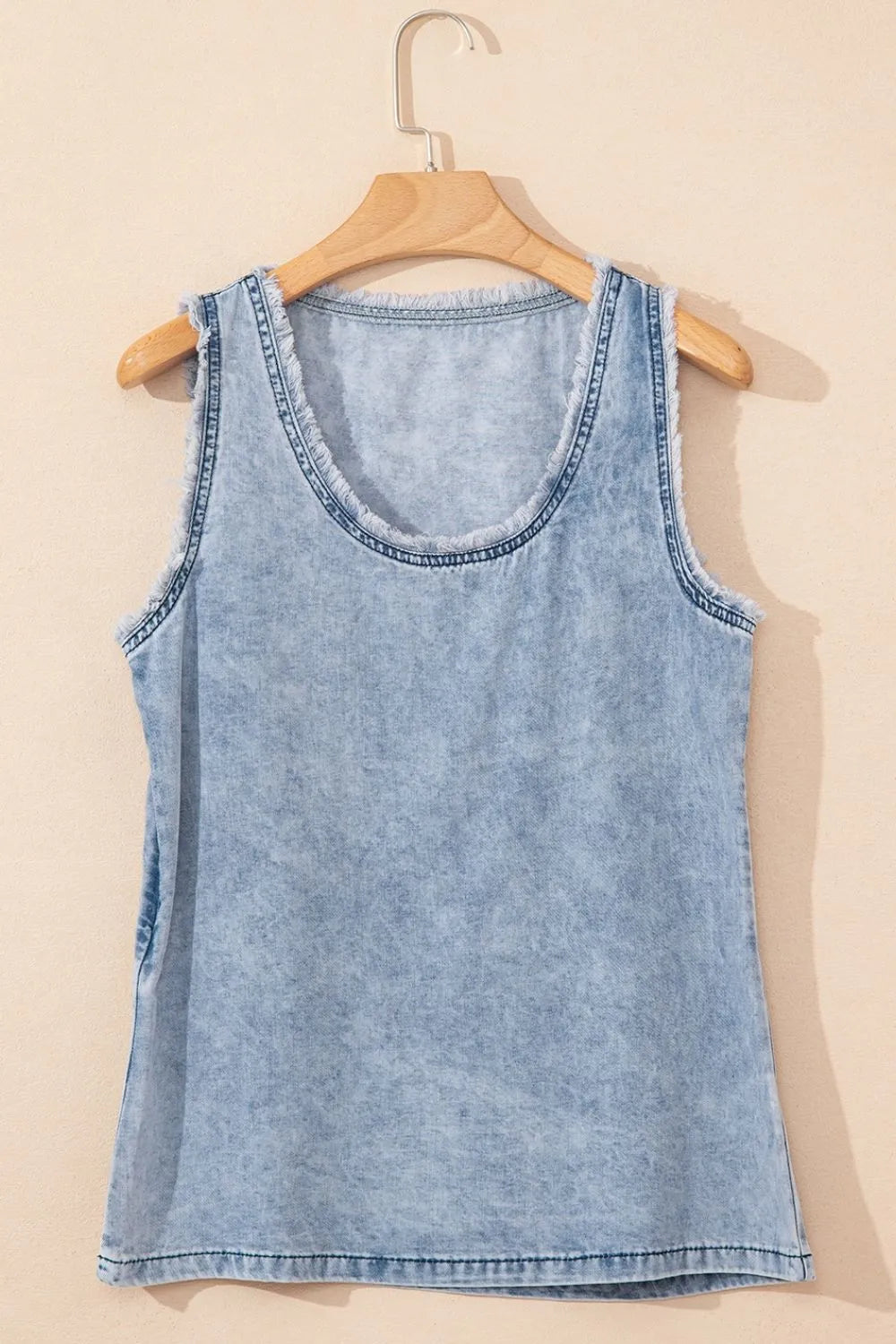 Mineral Wash Denim Frayed U Neck Sleeveless Top 