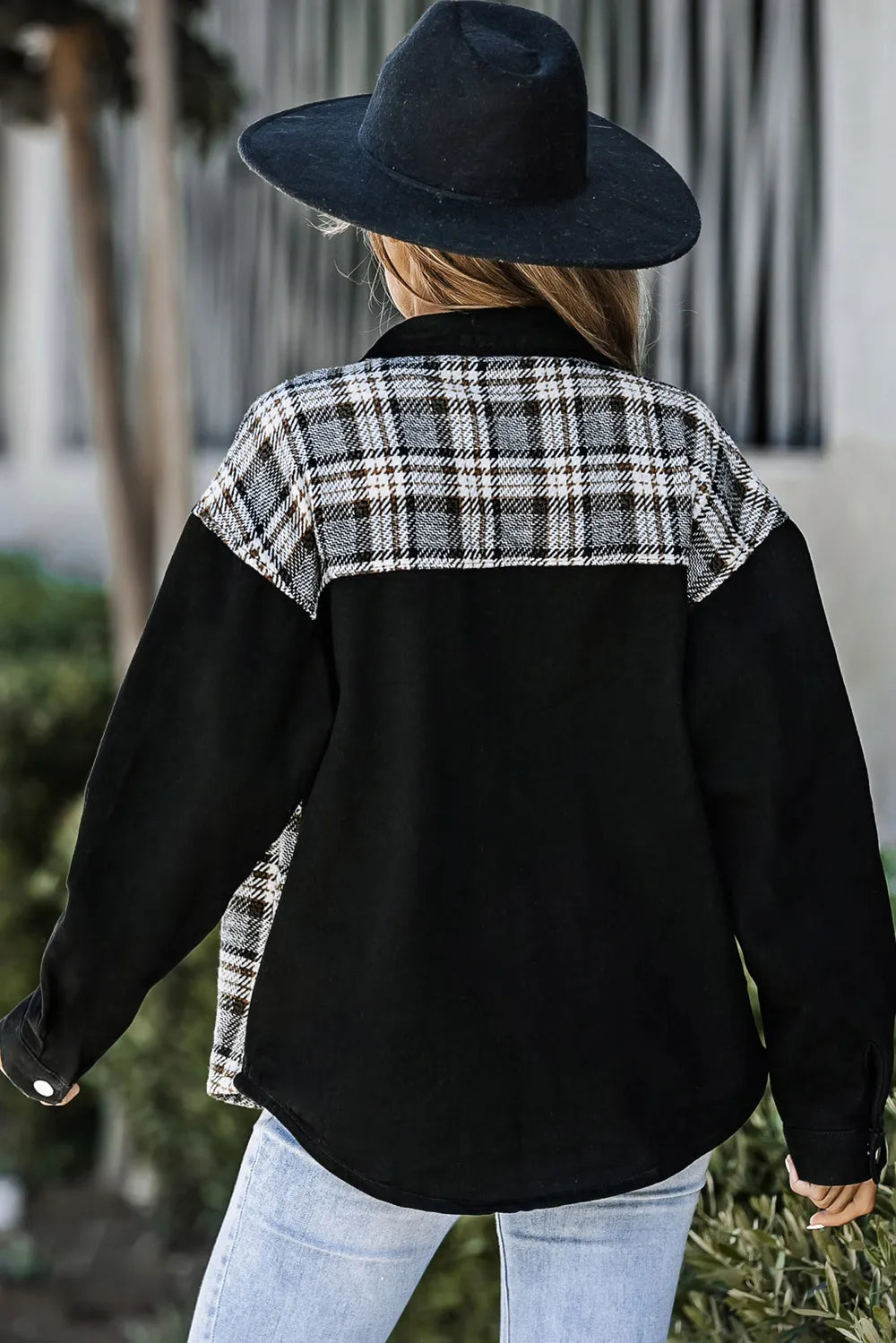 Plaid Pocketed Button Up Denim Jacket 