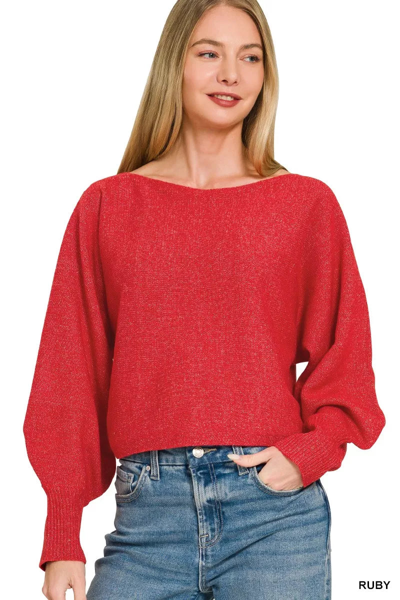 Zenana Boat Neck Balloon Sleeve Sweater 