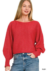 Zenana Boat Neck Balloon Sleeve Sweater 