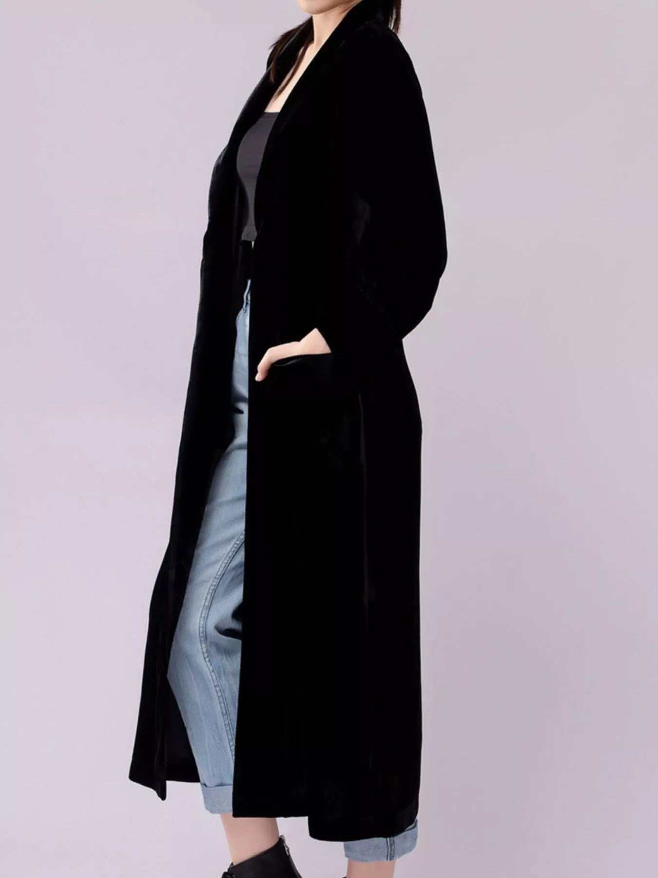 Velvet Lapel Collar Longline Coat 