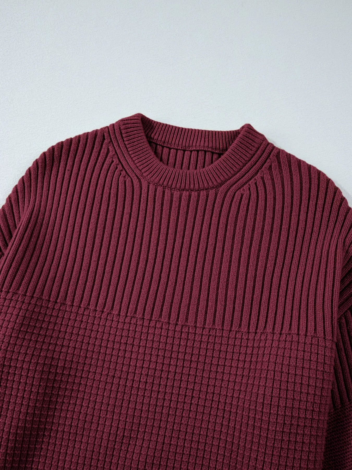 Solid Color Mixed Textured Knitted Crew Neck Sweater 