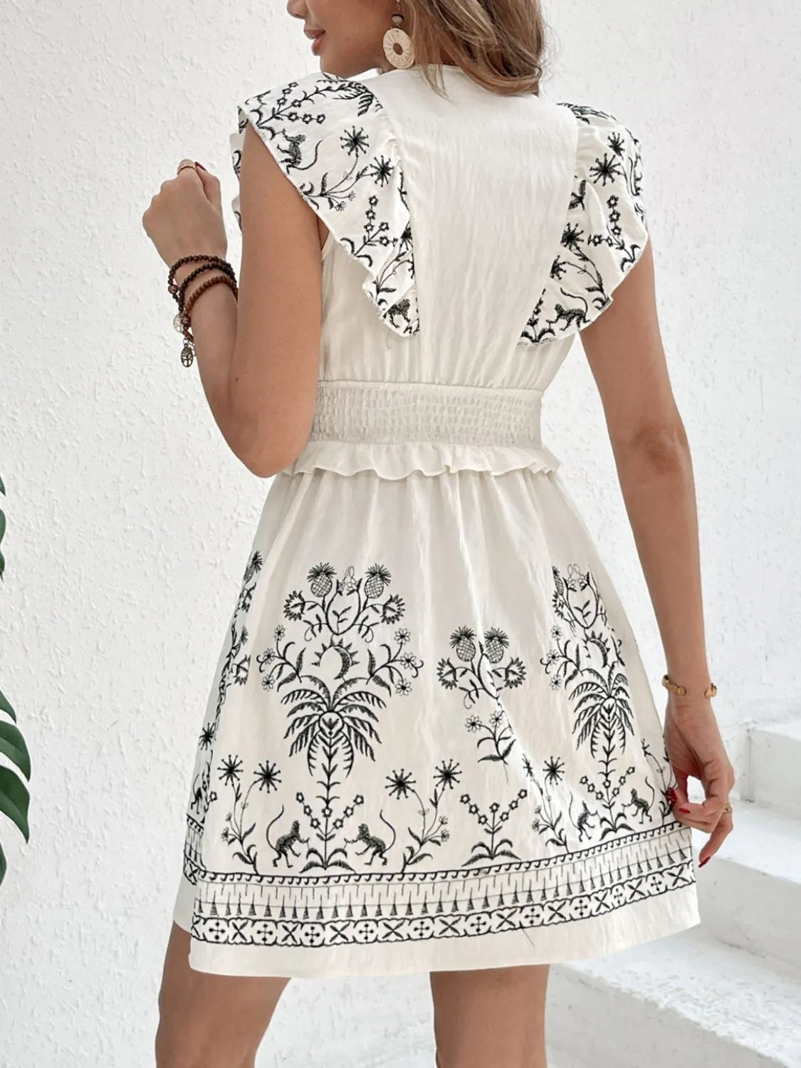 Smocked Ruffled Cap Sleeve Mini Dress 