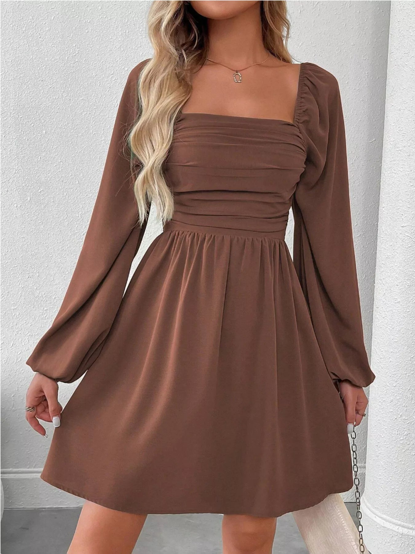 Ruched Square Neck Long Sleeve A-Line Dress 